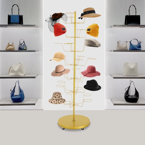 Elegant 7-Tier Gold Hat Tree Display Rack with 35 Hooks, Freestanding Rolling Hanger Organizer for Store & Home, Movable with 4 Wheels (2 Locking), Modern Vintage Style for Caps, Hats & Accessories