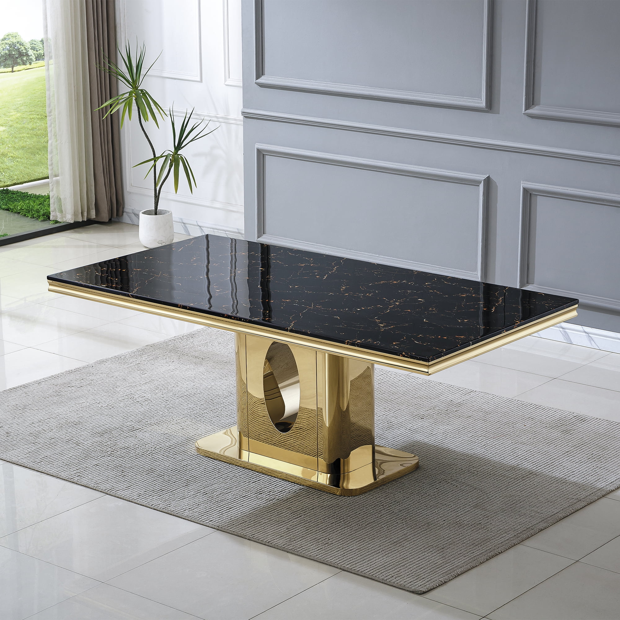 Elegant 70" Faux Marble Dining Table with Marble Pattern Top, Mirror ...
