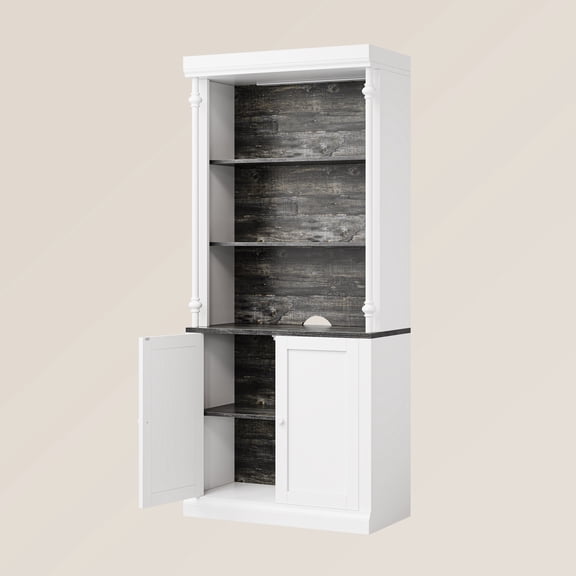 Elegant 71 Inch 5-Tier Bookcase with Double Doors Roman Column Design Bookshelf with Adjustable Open Shelves, Touch-Control LED Light, Storage Cabinet Stylish White & Black Wood Grain