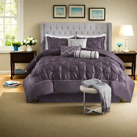 Elegant 7Piece Bedding Sets Polyester Comforter with Decorative Pillows Plum Color for Modern Bedrooms