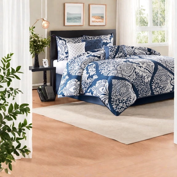 Elegant 7Piece Cotton Bedding Set Indigo Damask Design Cal King Size for Stylish Bedrooms