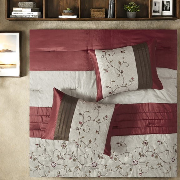 Elegant 7Piece Embroidered Bedding Set Red Polyester Modern Queen Comfort