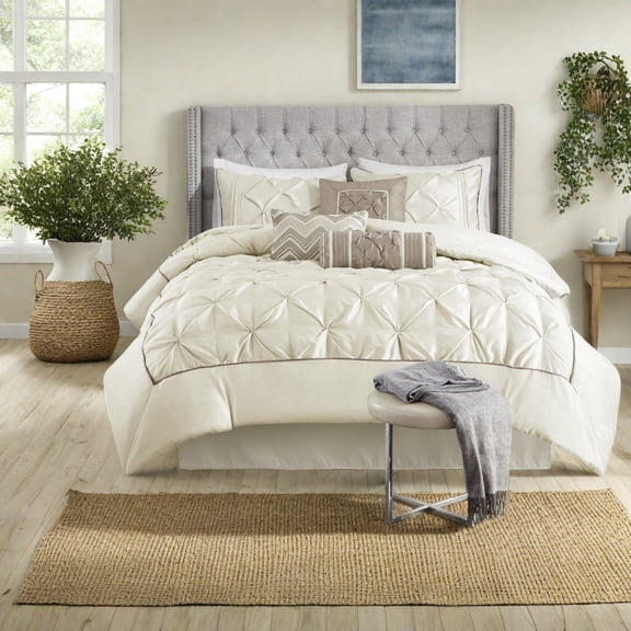 Elegant 7Piece Tufted Bedding Set Ivory Polyester Sophisticated Style for Bedroom Comfort