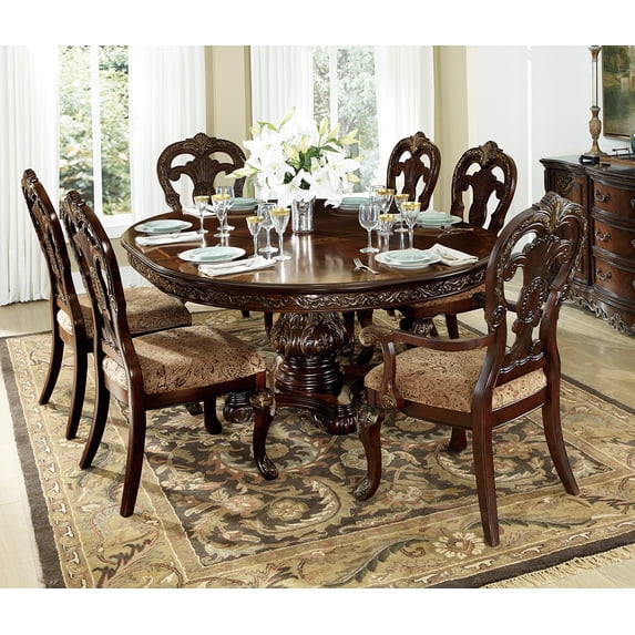 Elegant 7pc Dining Room Furniture Set Cherry Finish With Gold Tipping Single Pedestal Table 2 Arm Chairs 4 Side Chairs