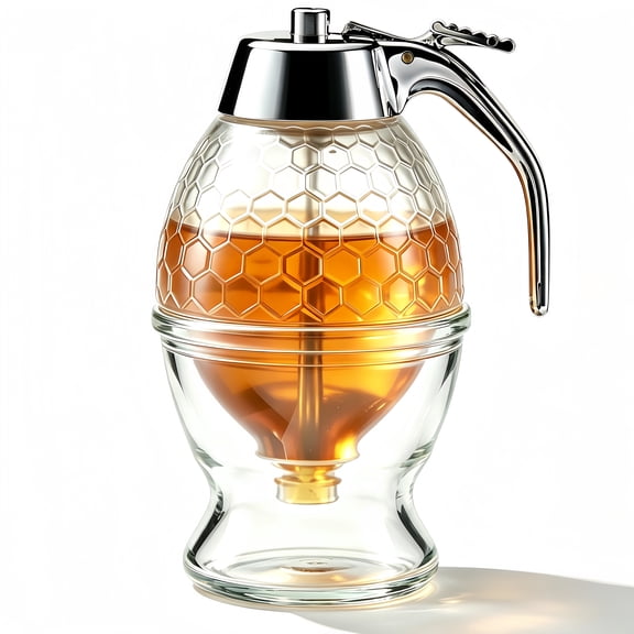 DEKEones Acrylic Honey Dispenser with Acrylic Stand, Honeycomb Pattern Clear Acrylic Honey Jar Dispenser, No Drip Syrup Pourer for Breakfast, Coffee, Pancakes & Kitchen Decor
