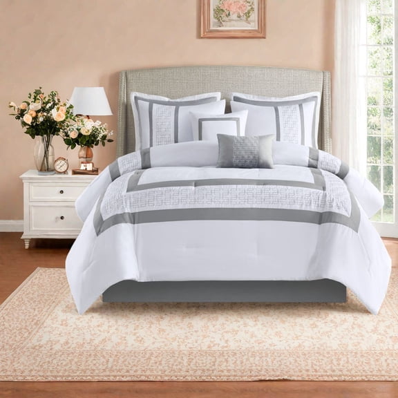 Elegant 8Piece Bedding Set with Embroidered Details Hypoallergenic Polyester Modern Hotel Style for King Bed