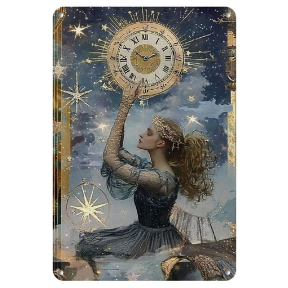 Elegant 8x12" Celestial Angel & Moon Tin Sign - Mystical Wall Art with Golden Sun, Stars, and Celestial Elements, Frameless Decor for Home, Office, or Commercial Space, Moon Decor, 2D