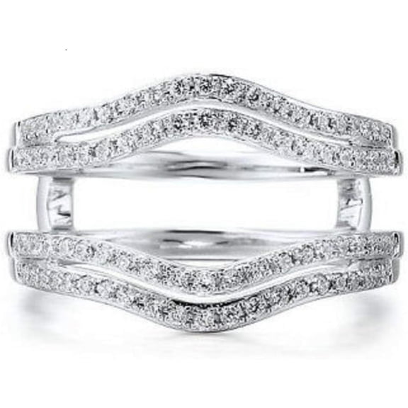 Elegant 925 Sterling Silver 14K White Gold Over Diamond Solitaire Double Enhancer Ring Guard Wrap Jacket for Women's