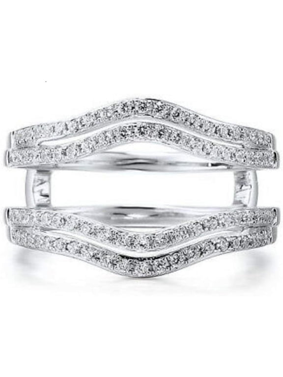 Elegant 925 Sterling Silver 14K White Gold Over Diamond Solitaire Double Enhancer Ring Guard Wrap Jacket for Women's
