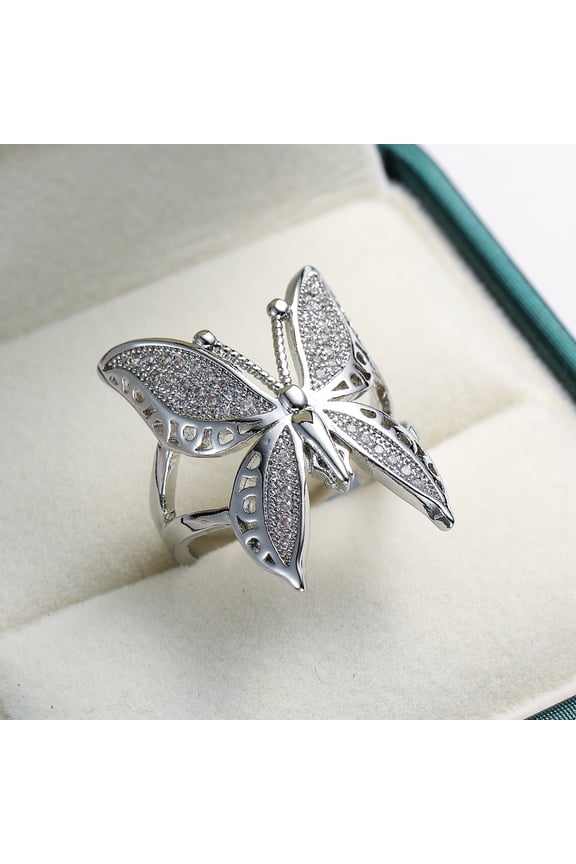 Elegant 925 Sterling Silver Cubic Zirconia Butterfly Adjustable Ring Sparkling Crystal Hypoallergenic Insect Theme Open Ring Birthday Christmas Gifts Jewelry of Women