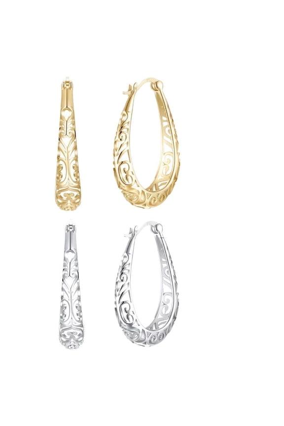2 Pairs Vintage Filigree Hoop Earrings for Women, Gold and Silver Tone Hollow Oval Dangle Earrings, Lightweight U Shape Jewelry Gifts