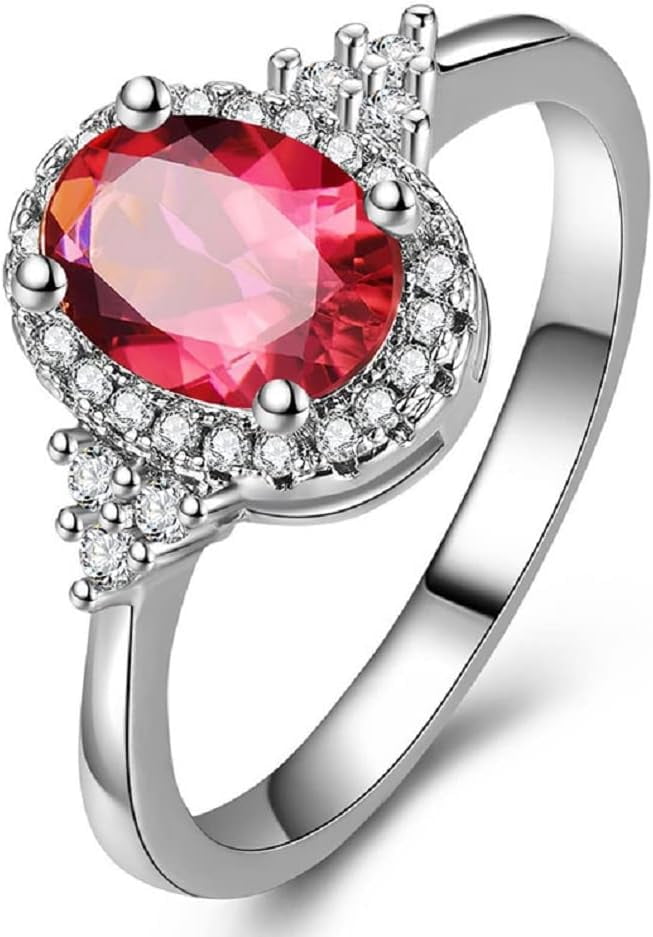 Ruby Inlaid Wring Elegant 925 Sterling Silver Oval Ruby Ring Cubic Zirconia Diamond Cut ...