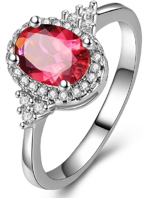 Elegant 925 Sterling Silver Oval Ruby Ring Cubic Zirconia Diamond Cut Inlaid Solitaire Ring with White Zircon Engagement Wedding Band Ring Red Gemstone Ring (10#)
