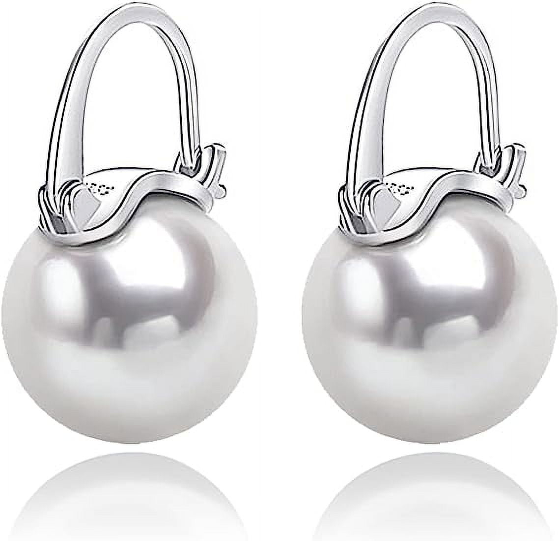 MANGOFEEL Elegant 925 Sterling Silver Simulated Shell Pearl Drop Earrings Dangle Stud Earrings for Women Large Size 12mm