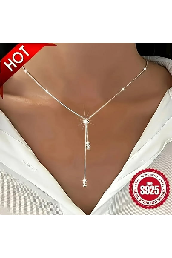 Elegant 925 Sterling Silver Y-Shape Necklace For Women, Adjustable Bead Slider, Simple Classic Design, Silver Plated, Hypoallergenic, Versatile For All Seasons, Ideal For Daily Wear & Vacation