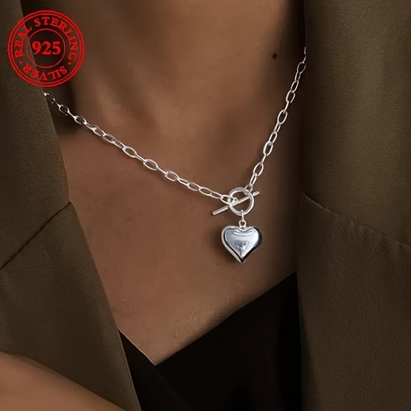 Elegant 925 Sterling Silvery Heart Pendant Necklace With Vintage Hip-Hop OT Clasp - Perfect Daily Accessory & Women's Christmas Gift