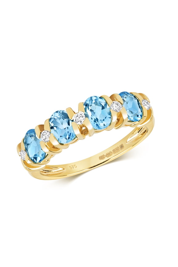 Elegant 9k Gold Women Half Eternity Diamond Ring Brilliant Cut 0.12 Carat with Blue Topaz
