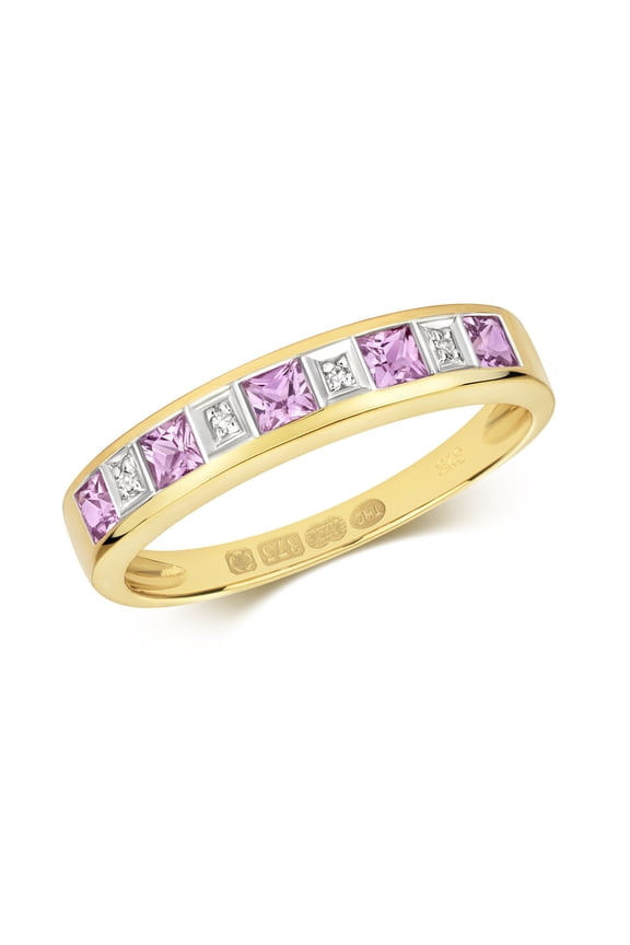 Elegant 9k Gold Women Half Eternity Diamond Ring Brilliant Cut H - PK with Pink Sapphire
