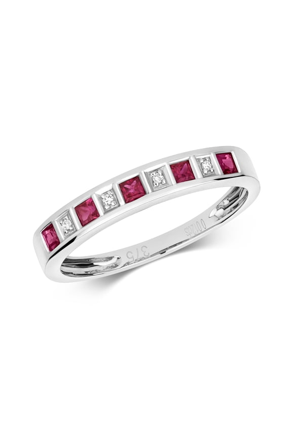 Elegant 9k White Gold Women Half Eternity Diamond Ring Brilliant Cut H - PK with Ruby