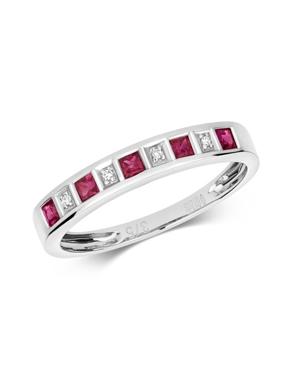 Elegant 9k White Gold Women Half Eternity Diamond Ring Brilliant Cut H - PK with Ruby