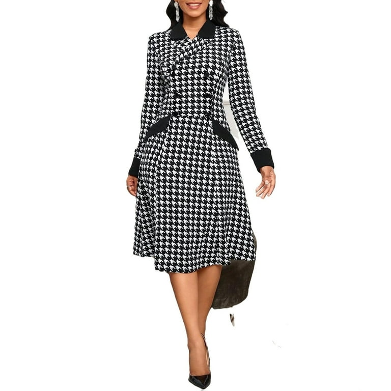 Elegant A Line Dress Lapel Neck Black and White Women Dresses