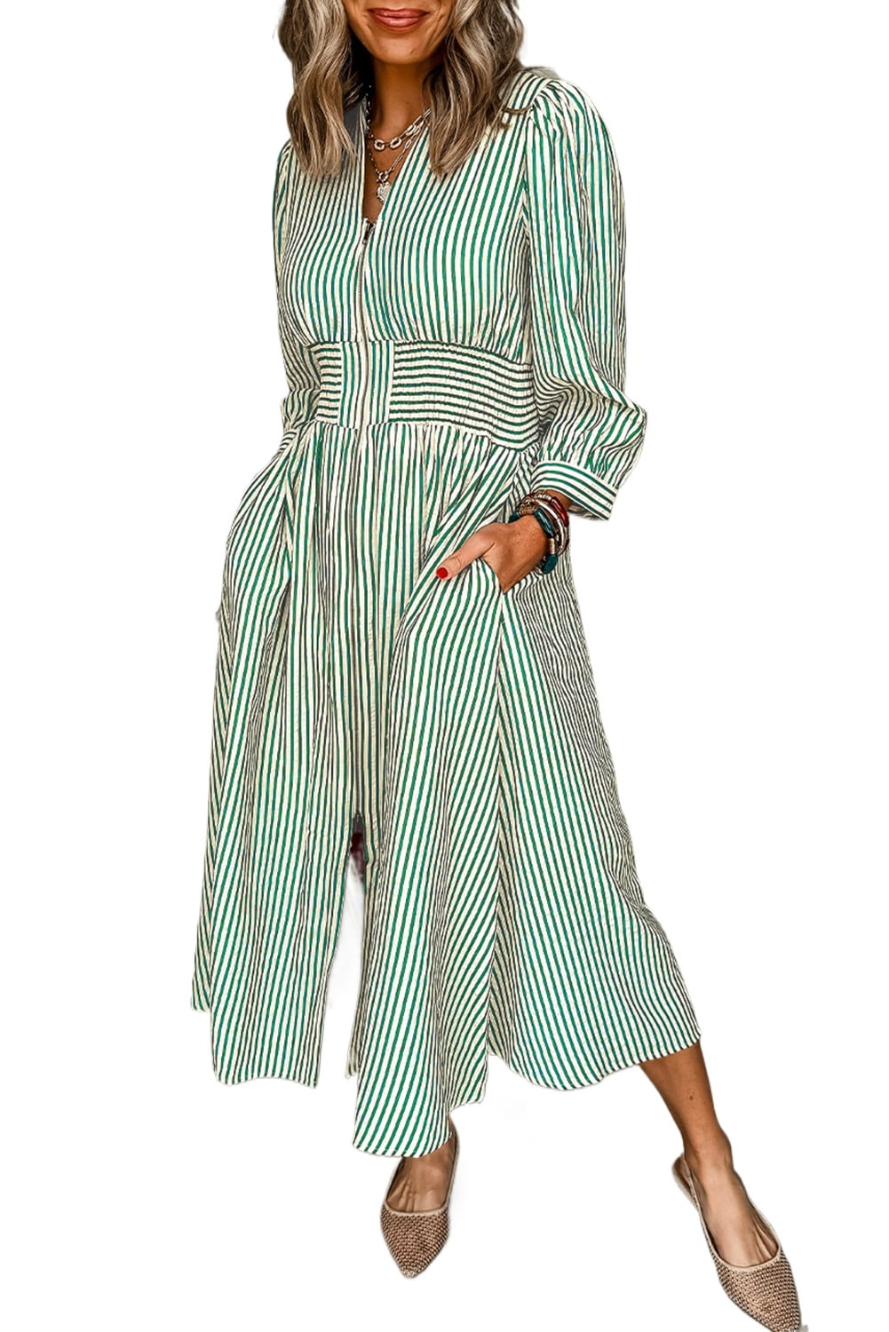Elegant A-Line Midi Dress with Long Sleeves and Pockets - Green Striped  Design - [ZhiHiMeRi] | M - Walmart.com