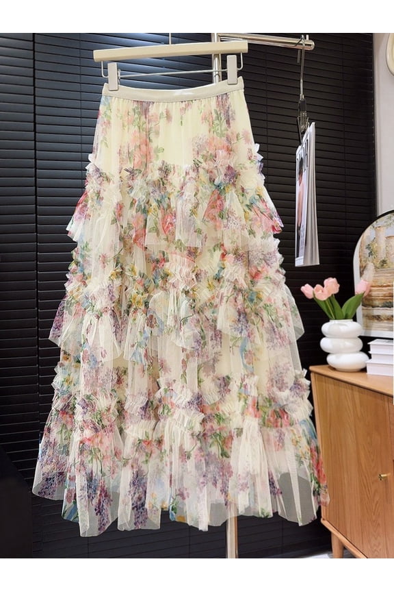 Elegant A-Line Tulle Skirt with Multiple Tiers - Women's Midi Length Long Skirt with a Secure High Elastic Waist,Spliced printed mesh cake skirt skirt floral fluffy long skirt