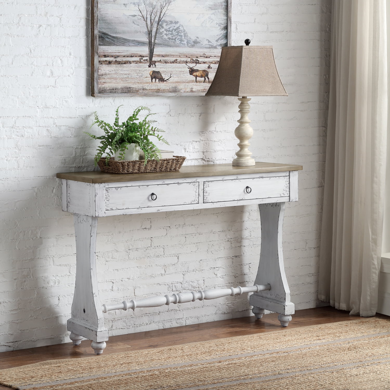 Antique White Wood and Metal Console Table with Storage