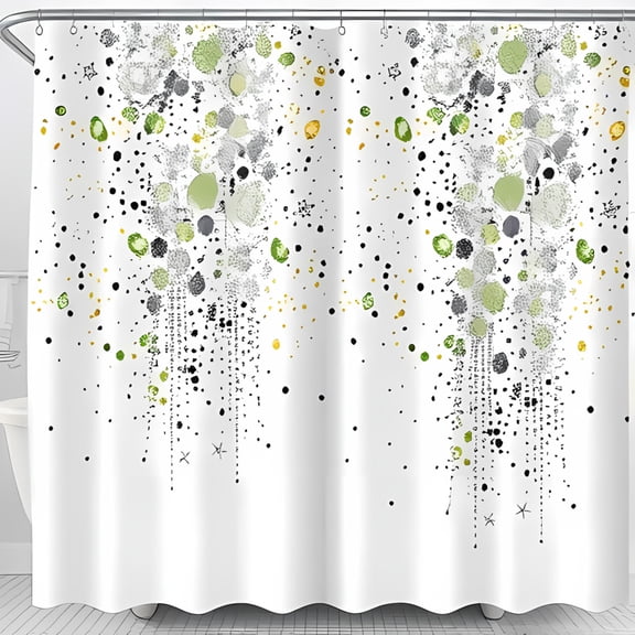 Elegant Abstract Droplet Shower Curtain - Muted Greens Grays & Golds on White Modern Design with Glitter Effect