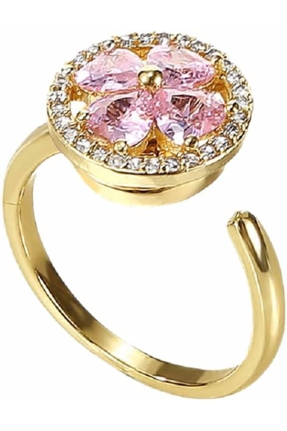 Elegant Adjustable Crystal Floral Ring and 4 Pink Gemstone Flower Shape Rotatable Design Ring Four Leaf Clover Ring for Women
