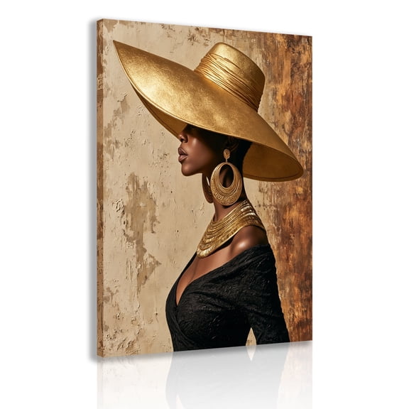 Elegant African Woman Portrait Wall Art (Framed Canvas) — A Poster Depicting a Dignified African Woman Adorned with a Golden Headdress and Jewelry — Luxurious Ethnic-Style Home Decor