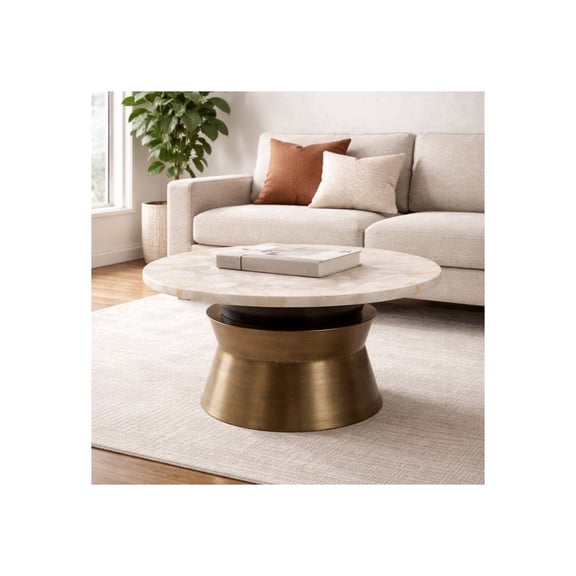 Sagebrook Home Elegant Agate Stone Top and Metal Base Round Coffee Table - Decorative Accent Table for Home Decor and Living Room - 17", Gold & White