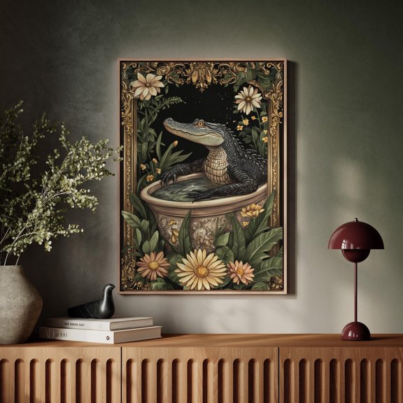 Elegant Alligator Bath Scene In Ornate Frame - Unique Botanical And Wildlife Art For Quirky And Sophisticated Home Décor Wall Art, Modern Wall Decor, 8x12 UNFRAMED