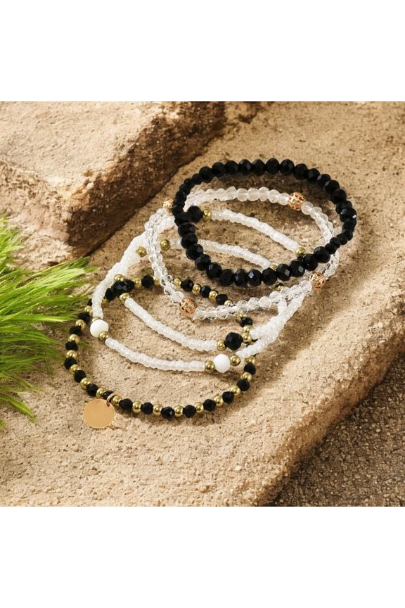 Elegant Allium Disc Pendant Stretch Bracelet Set 5 Piece Crystal Resin Beaded Womens Wristbands Gifts for Women