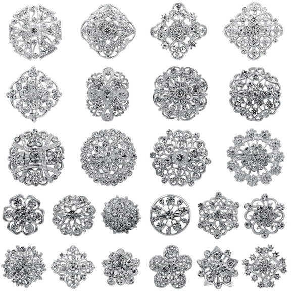 Elegant Alloy Rhinestone Brooches Set for Wedding and Event Accessories Silver Tone 24 Piece for Party Décor and Attire 24PCS,20x15x5 cm,Silver