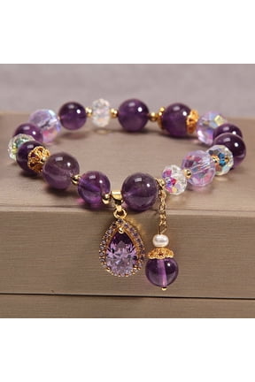Elegant Amethyst Crystal Bracelet for Women - Purple Stone & Five-Petal Flower Pendant - Romantic Link Chain Jewelry Gift