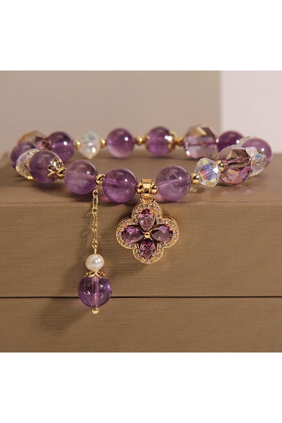 Elegant Amethyst Crystal Bracelet for Women - Purple Stone & Five-Petal Flower Pendant - Romantic Link Chain Jewelry Gift