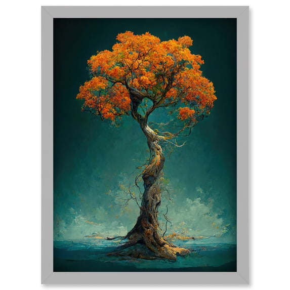Elegant Ancient Lone Autumn Fall Tree On Teal Artwork Framed Wall Art Print A4
