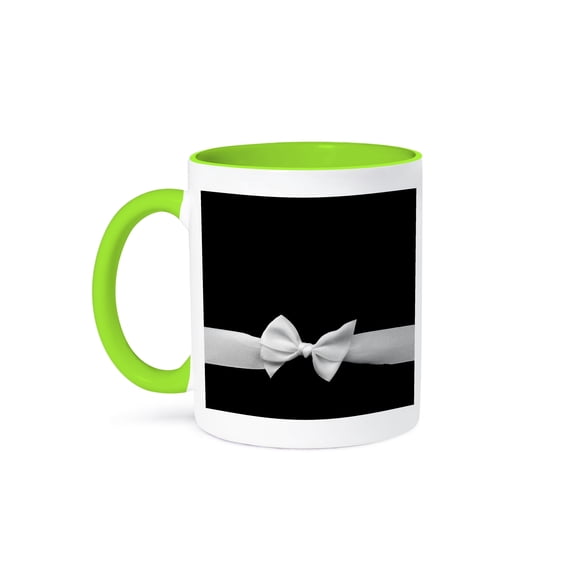 3dRose, Elegant and Classy White Ribbon Bow on Sleek Stylish Black - Womens Retro Fashion Style, 15oz Two-Tone Green Mug