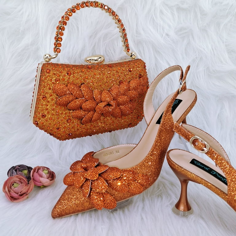 WH Elegant and Sexy Peach Color High Heels Shoes and Bag with Rhinestone Embellished Toe Is Comfortable Women s Shoes for Party Size One size