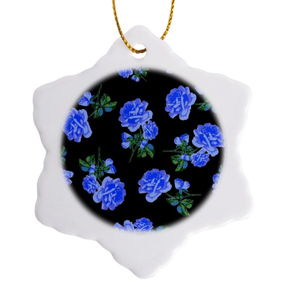 3drose, Elegant and Stylish Dark Blue Roses Floral Pattern on Sleek Classy Black, 3 inch Snowflake Porcelain Ornament