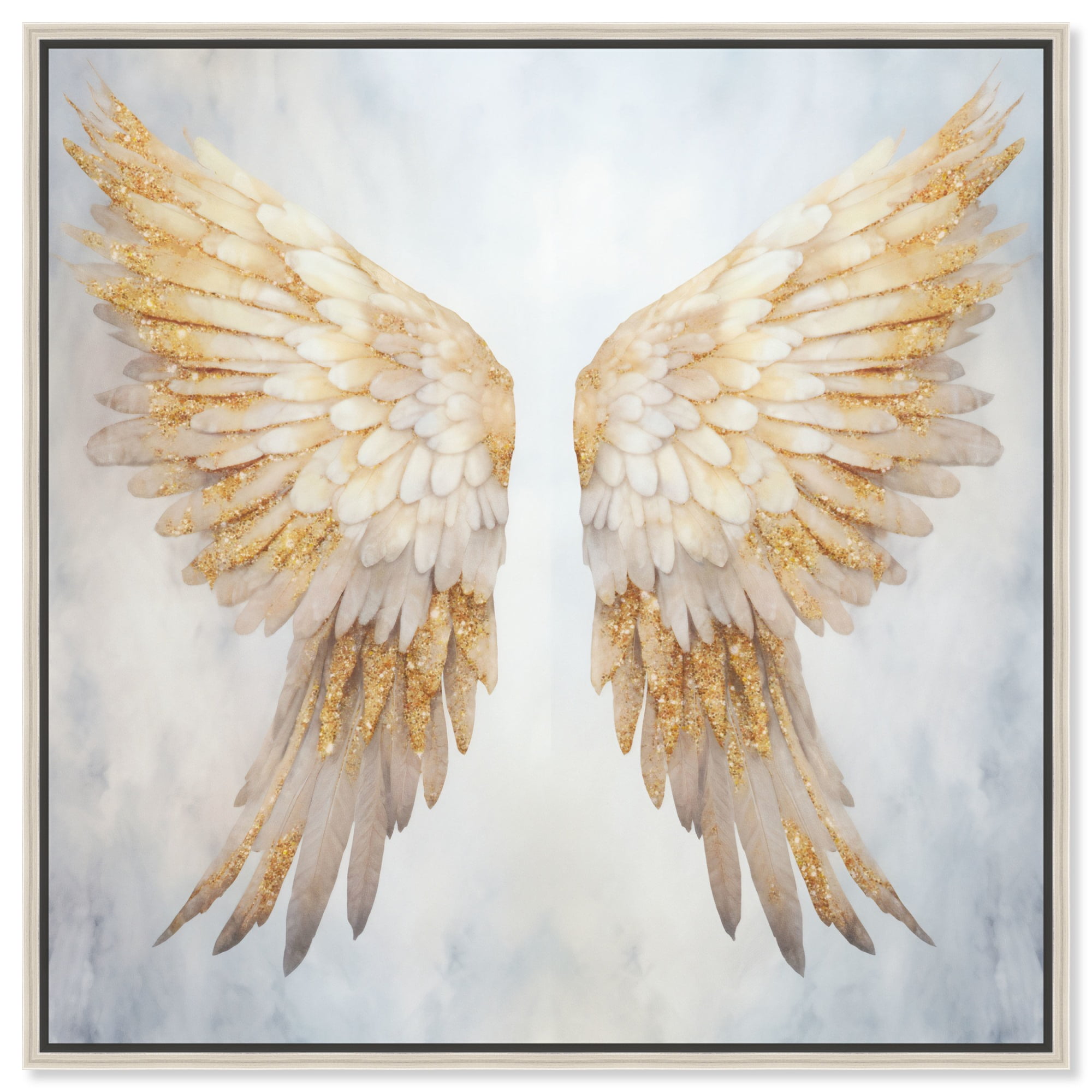 Elegant Gold and White Angel Wings Canvas Print with Silver Frame