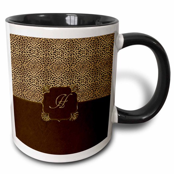 3drose, Elegant Animal Print in Warm Brown and Gold Monogram Letter H, 15oz Two-tone Black Mug
