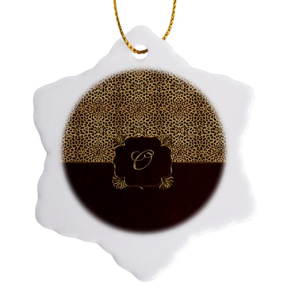 3drose, Elegant Animal Print in Warm Brown and Gold Monogram Letter N, 3 inch Snowflake Porcelain Ornament