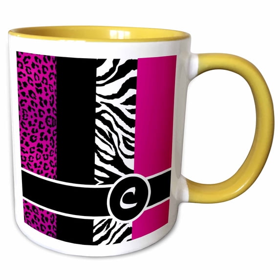 3drose, Elegant Animal Print Monogram - Hot Pink C, 11oz Two-tone Yellow Mug