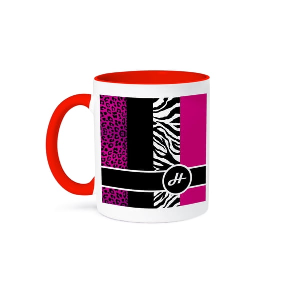 3dRose, Elegant Animal Print Monogram - Hot Pink H, 15oz Two-Tone Red Mug