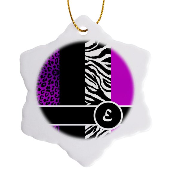3drose, Elegant Animal Print Monogram - Purple E, 3 inch Snowflake Porcelain Ornament