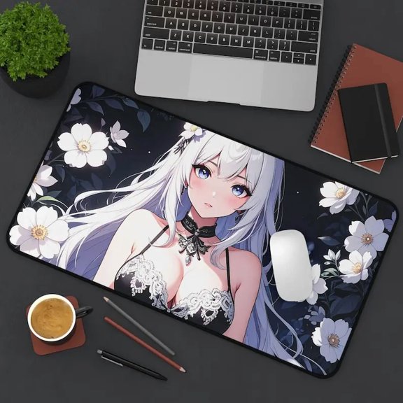Elegant Anime Desk Mat With Floral Design, Perfect For Home Office, Gaming, Gifts For Her, Desk Accessories, Anime Merchandise