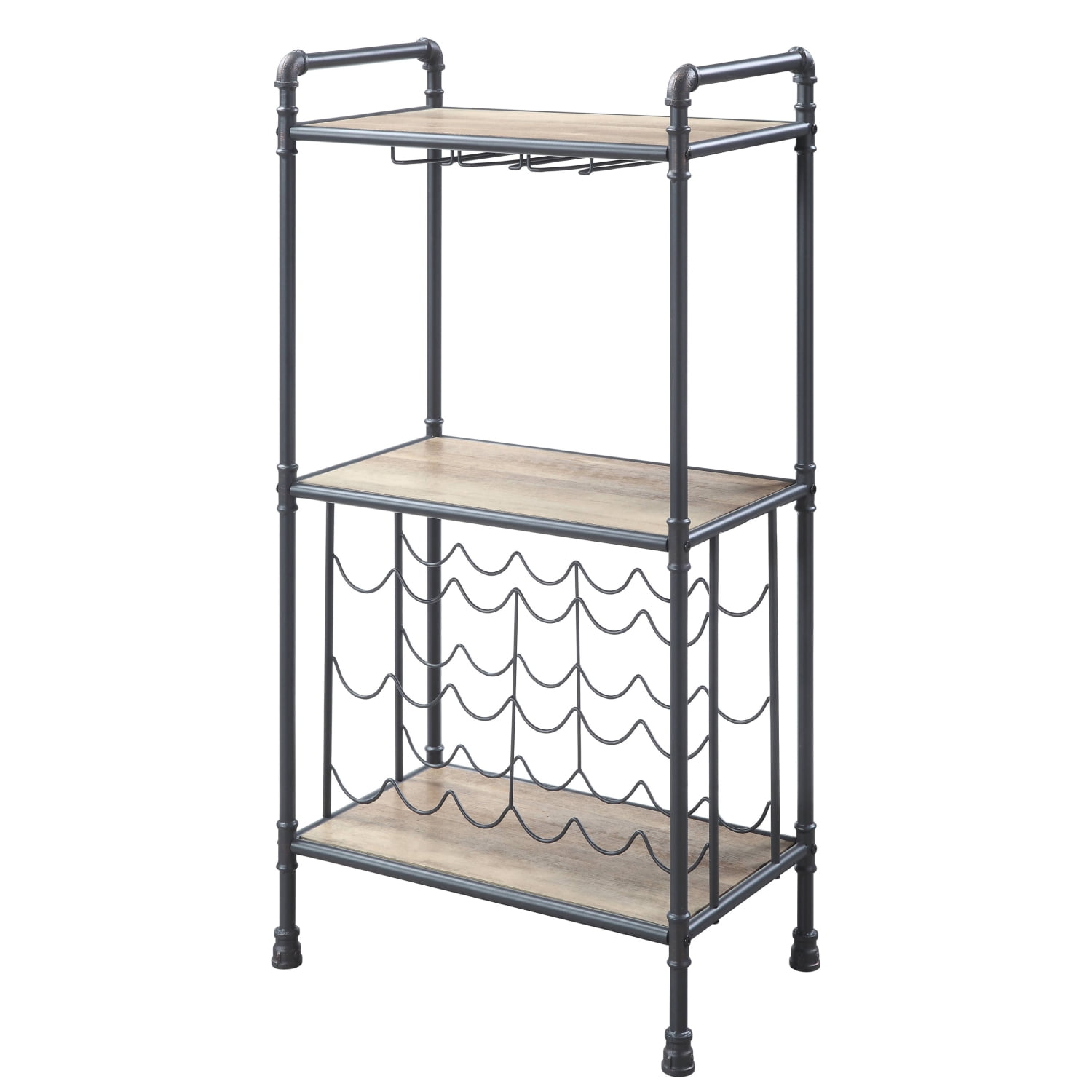 Elegant Antique Oak and Sandy Grey Wine Rack with Stemware Holder