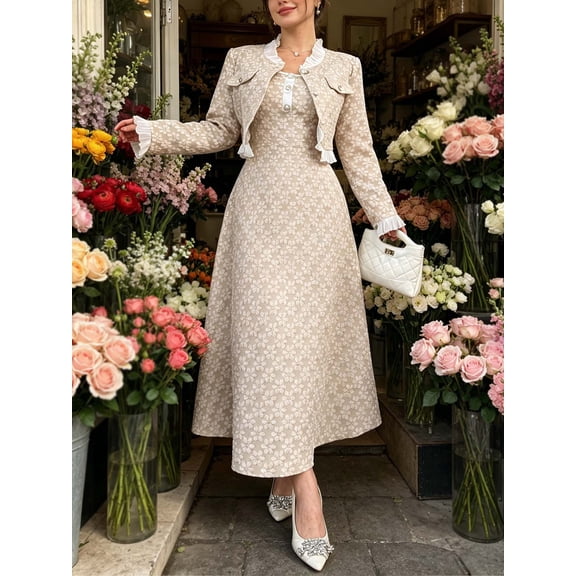 Elegant Apricot Floral Jacquard 2 Piece Skirt Set Pearl Button Cropped Jacket and Flared Maxi Skirt for Wedding Guest Church and Tea Party